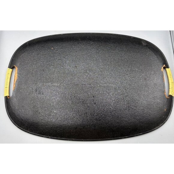 Vtg MCM Oval Brown Serving Tray Woven Handles Hand Painted - Picture 5 of 7